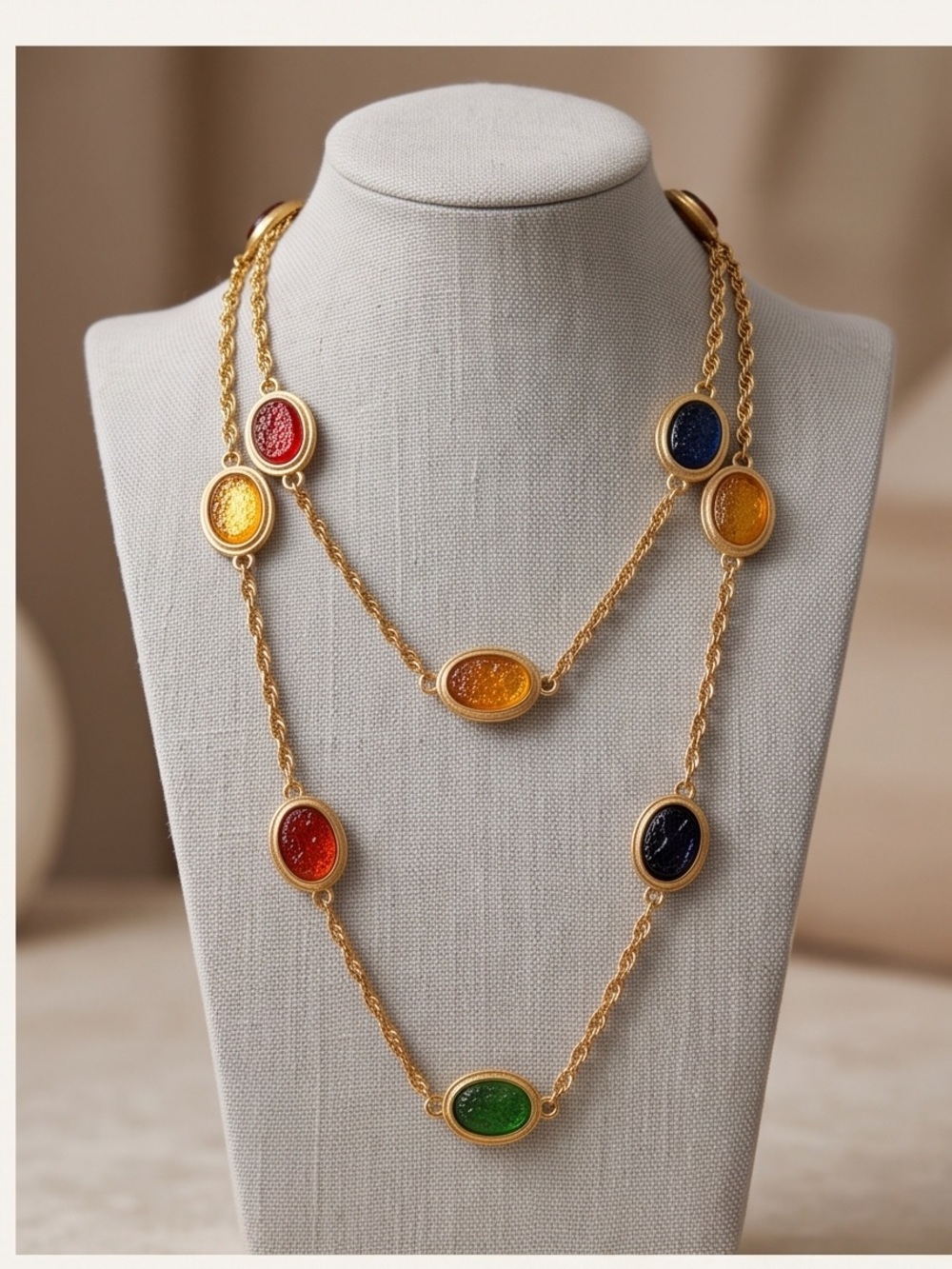 Gold Layered Necklace with Multicolor Gem Accents - Women Jewelry